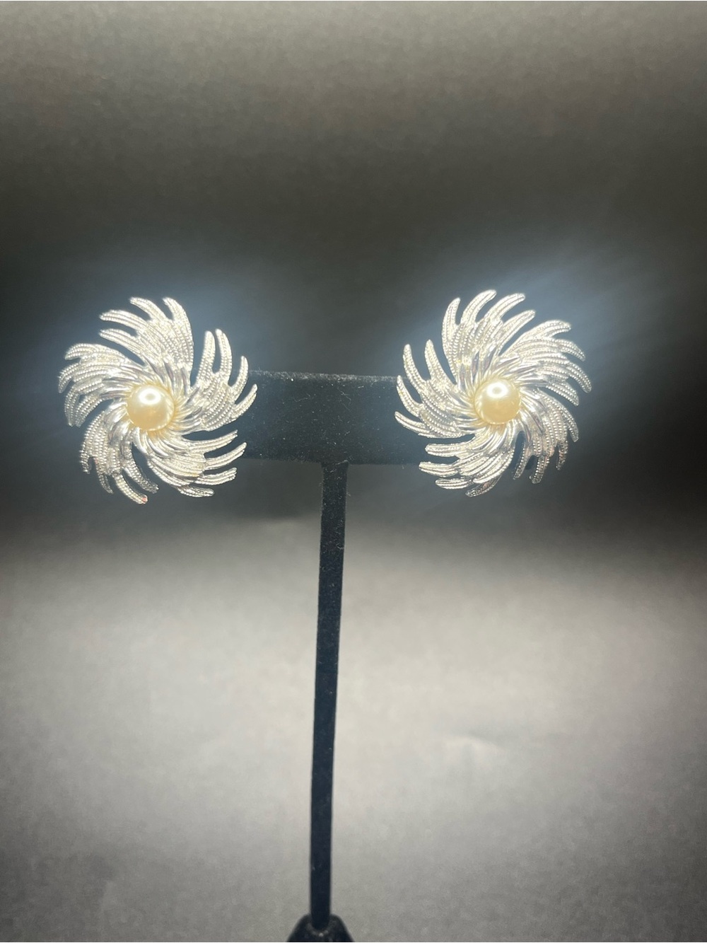 Vintage Sarah Coventry Silver Swirl Faux Pearl Clip On Earrings Mid Century